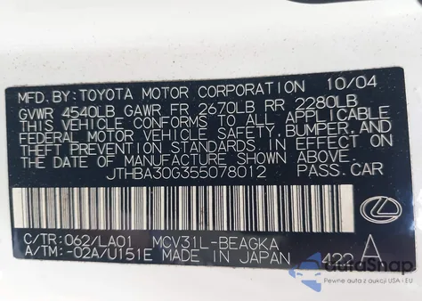 2005 Lexus Es 330 z USA, uszkodzony, nr VIN JTHBA30G355078012